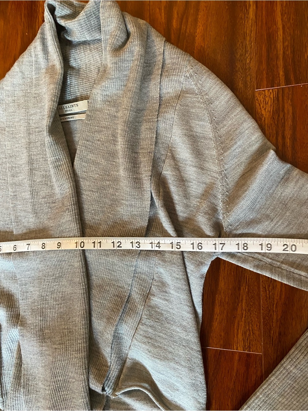 AllSaints Wasson Pirate Wrap Merino Wool Grey Open-Front Draped Cardigan - Picture 9 of 14